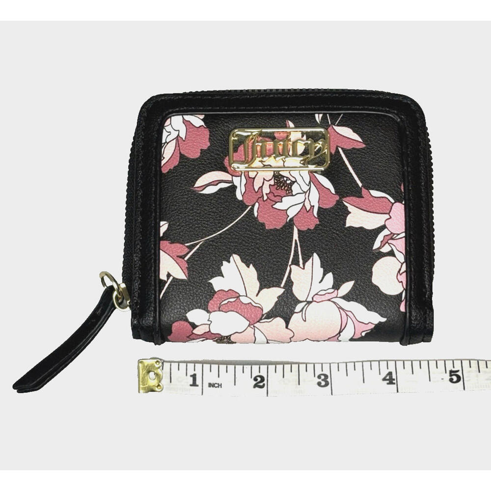 Juicy Couture Zip Around Square Wallet Black Pink Floral Logo Lining EUC